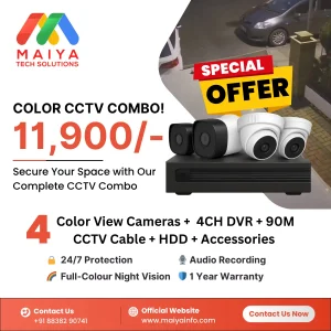 2MP Color CCTV Combo – 4 Cameras + 4CH DVR + HDD + Cable – Night Vision with Audio